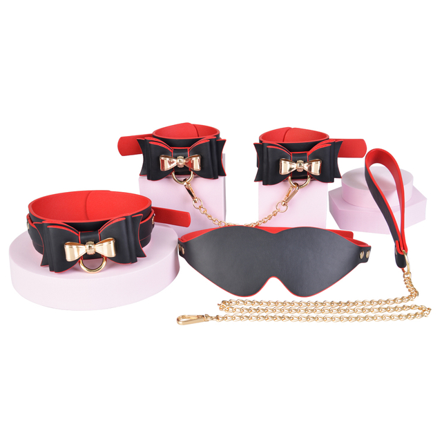 Set di restrizioni bondage SM nere e rosse da 3 pezzi, kit girocollo e manette per giochi BDSM per coppie