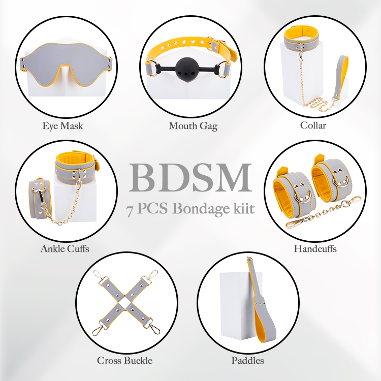 7PCS Strak grijsachtig geel PU-leer Bdsm-bondageset Zesdelige set voor avontuurlijke bondagespel voor koppels