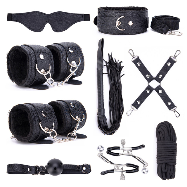 9PSC SM 에로틱 역할 놀이 키트 커플 BDSM 코스프레 및 판타지를 위한 9피스 정품 가죽 본디지 세트