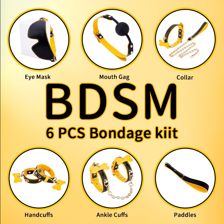 6PCS 노란색과 검은 색 BDSM 성인 코스프레 속박 세트 커플의 유혹과 SM 모험을위한 6 조각 컬렉션