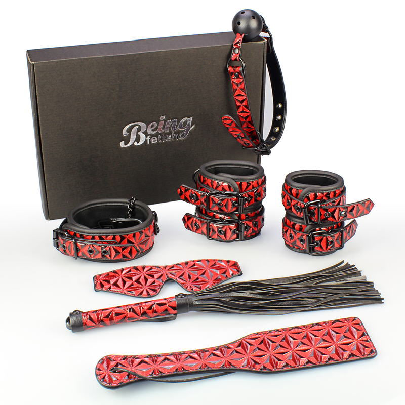 Diamantmuster-BDSM-Bondage-Set f&uuml;r Erwachsene: Handschellen, Nippelklemmen, Knebel, Peitsche und Seile f&uuml;r Paare