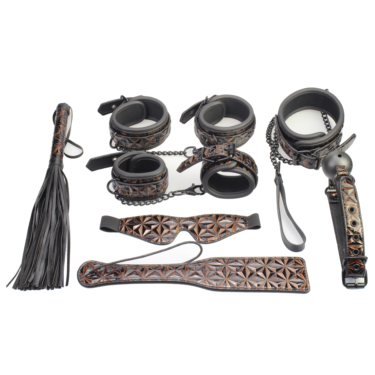 7PSC Orange Diamond Pattern Bondage Kit, ein 7-teiliges Set, das entwickelt wurde, um Paaren die lebhaftesten Fetischfantasien zu entfesseln