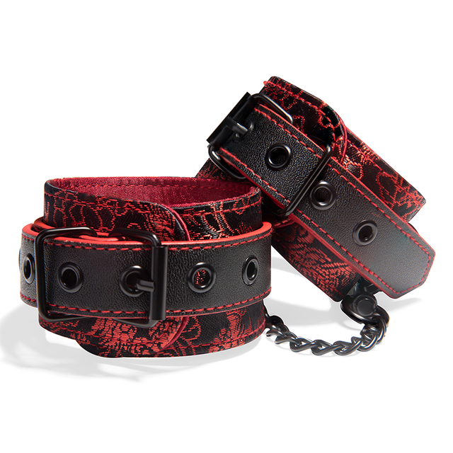 SM-Bondage-Handschellen aus PU-Leder, schwarz und rot, ma&szlig;geschneidertes Leder-Sexspielzeug, chinesisches traditionelles Muster, Meisterwaffe f&uuml;r Paare